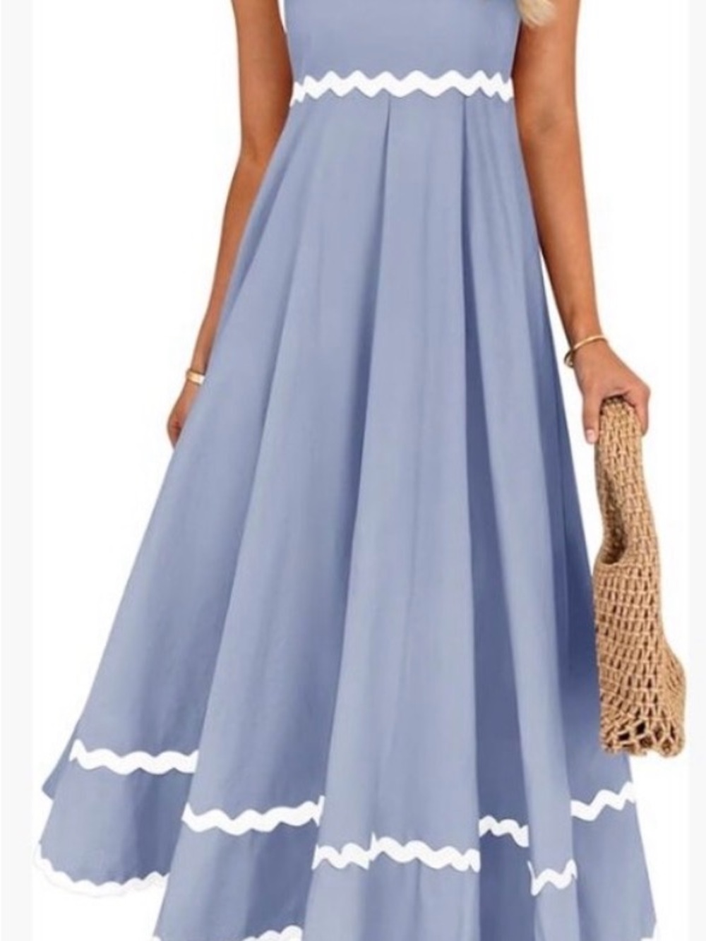 Sleeveless Light Blue Midi Dress with White Scallop Trim